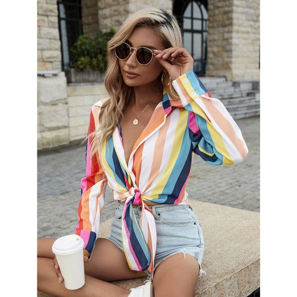 Colorful Rainbow Striped button up Knotted Crop top - Picture 7 of 7